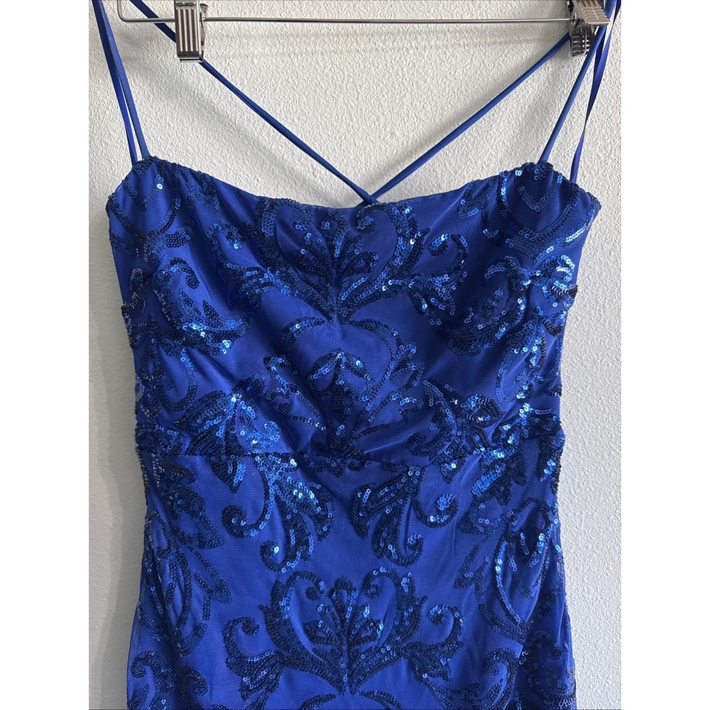 Windsor Blue Sequin Bodycon Dress Beaded Tied Back Formal HOCO Cocktail Mini M - Picture 2 of 11